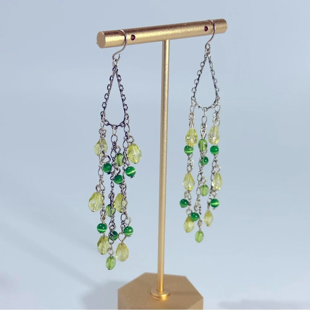 Green Beaded Silver Tone Chandelier Dangle Earrings Multi Chain Boho Fairy Gypsy